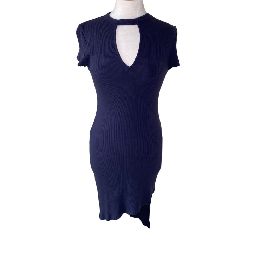 SKIN Ribbed Knit Keyhole Asymmetrical Hem Short Sleeve Midi Dress NAVY Size  2